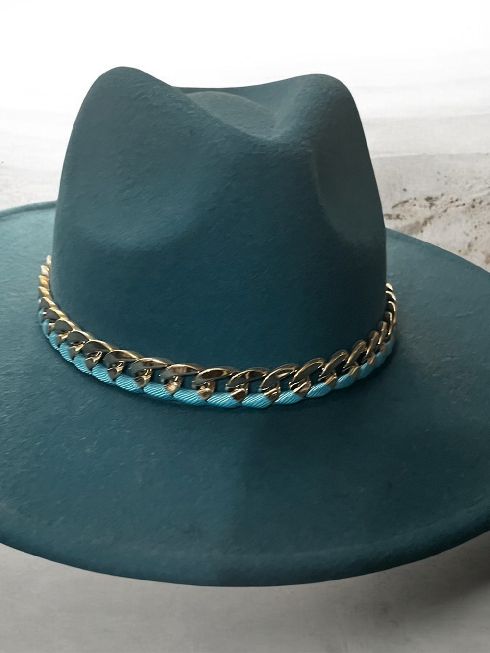 Teal Wide-Brim Fedora Hat with Gold Chain Trim